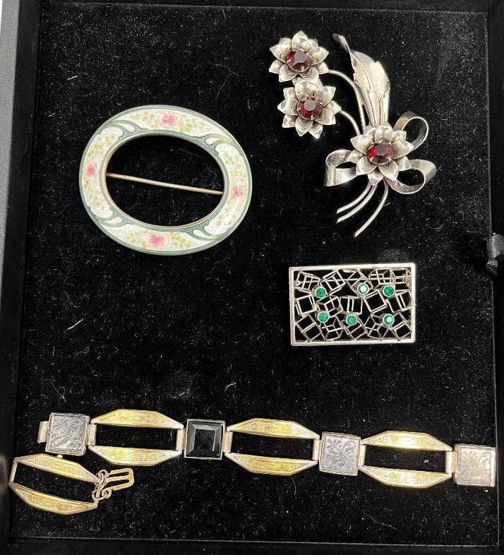 3 Sterling Silver Pins and Art Deco Bracelet (1 of 5)
