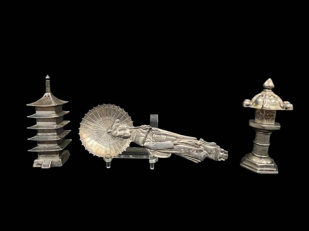 Sterling Silver Pagoda, Geisha spoon and more: Sterling Silver Pagoda, Geisha spoon and more. 3 pieces.