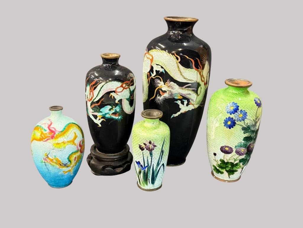 5 Cloisonne Vases: 5 Cloisonne Vases featuring Dragons and Flowers. Tallest approx. 7.5 inches.