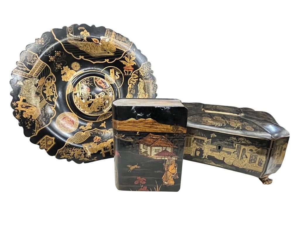 Lacquered Bowl, Book Box etc: Lacquered Bowl, Book Box etc. 3 pieces. Bowl approx. 14 inches.