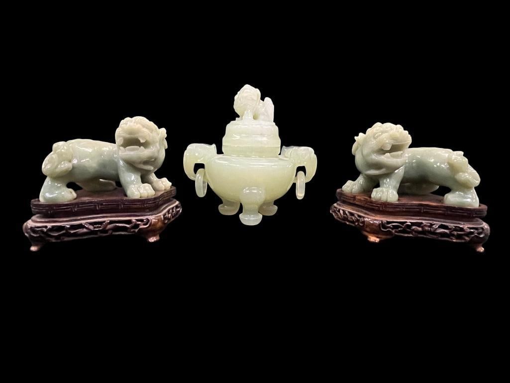 Carved Jade Foo Dogs and Jar: Carved Jade Foo Dogs and Jar. 3 pieces. Jar approx. 5 x 5 x 3.5 inches.