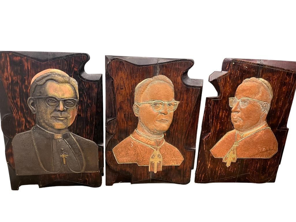 3 Copper Reliefs on wood of Religious Leaders: 3 Copper Reliefs on wood of Religious Leaders. Approx. 18 x 27 inches.