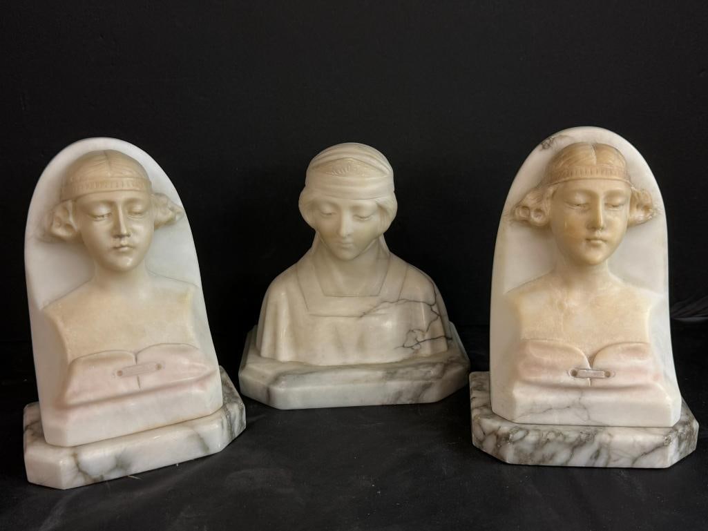 Marble Bust and Pair of Marble Bookends (1 of 4)