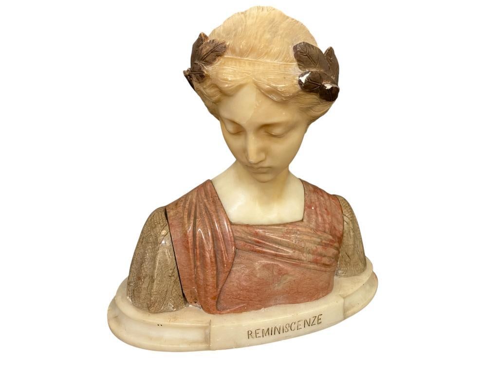 Marble Bust of a Woman Reminiscenze: Marble Bust of a Woman Reminiscenze. In the style of G. Bessi. Approx. 10 x 11 x 6 inches.
