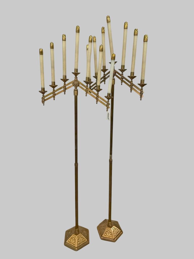2 Church Floor Candelabras: 2 Church Adjustable height Floor Candelabras. 7 lights. Approx. 54 x 23 inches closed. 81 inches tall open.