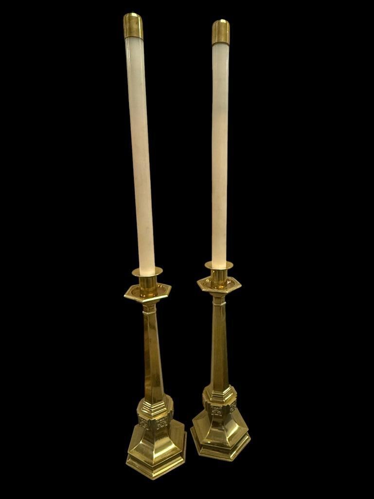 2 Large Brass Altar Candles: 2 Large Brass Altar Candles. Approx. 44 x 6 x 6 inches.