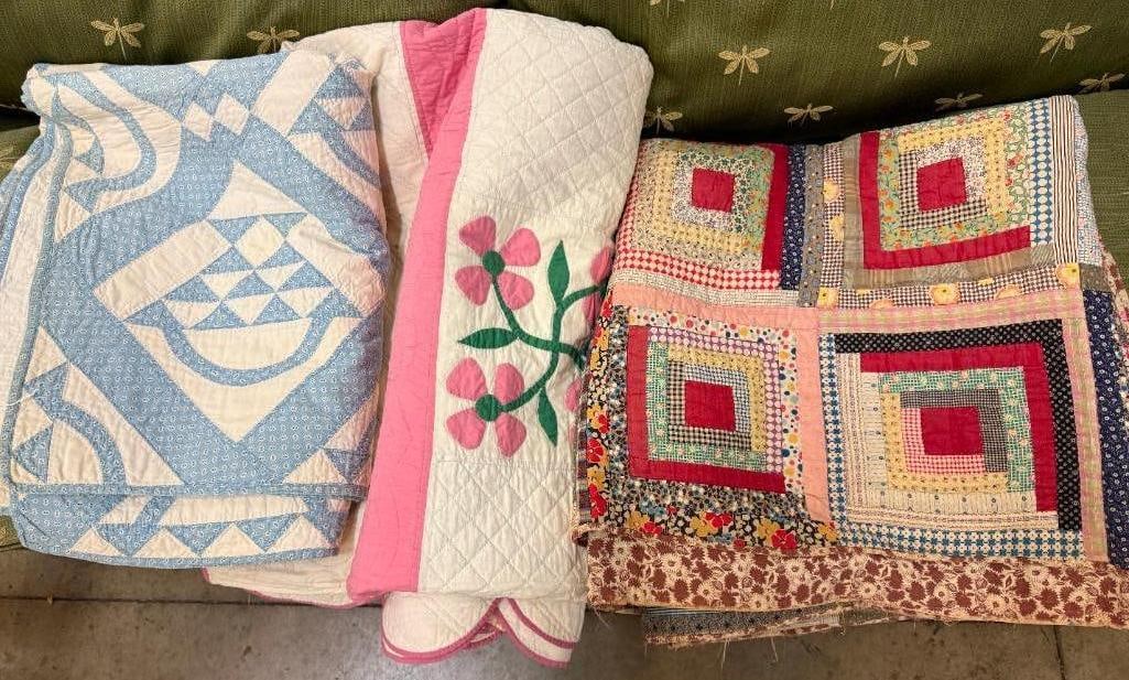3 Colorful Quilts: 3 Quilts.One very colorful, one blue and white.