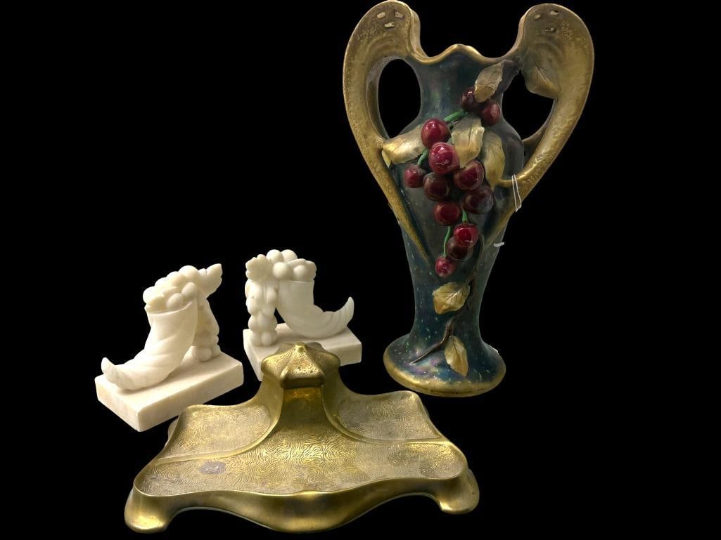 Amphora Vase with Grapes, Bookends etc: Amphora Vase with Grapes, Cornucopia bookends and American Cars & Ship Hardware Mfg. Inkwell. 4 pieces.