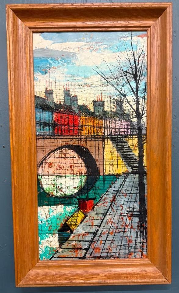 After Bernard Buffet oil on canvas: After Bernard Buffet oil on canvas. Approx. 11.5 x 23.5 inches. Frame approx. 16 x 28 inches.