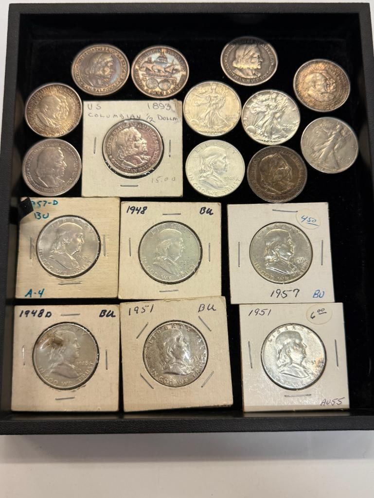 U.S. Silver Half Dollars: U.S. Silver Half Dollars, including Franklin, Walking Liberty, Columbian Exposition and Carver & Booker. 18 pieces.