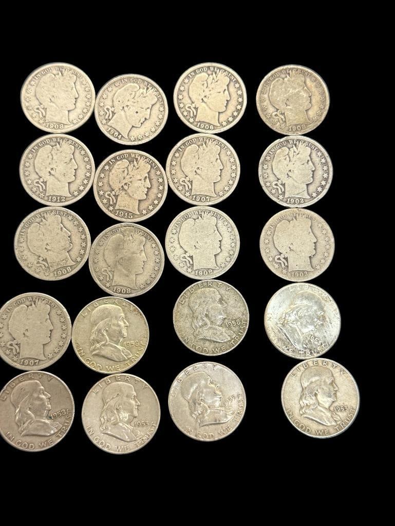 20 Barber and Franklin Silver Half Dollars: 20 Barber and Franklin Half Dollars.