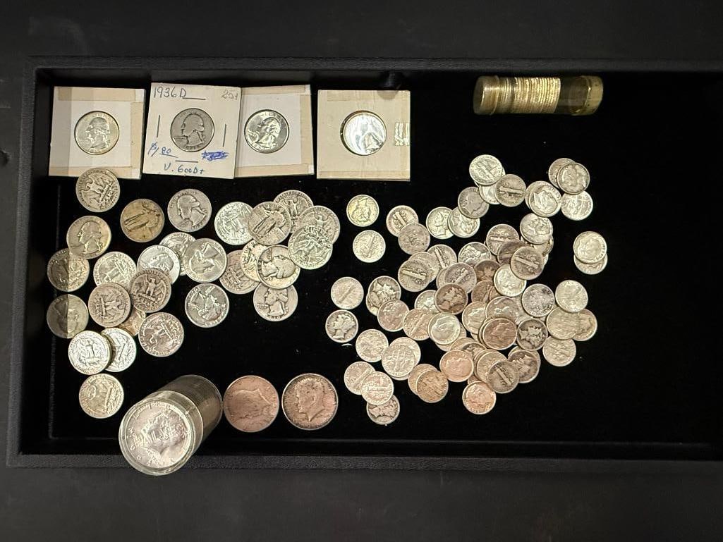 Mixed U.S. Silver Coins: Mixed U.S. Silver Coins. Including Roosevelt and Mercury dimes, Washington and Standing Liberty Quarters and Kennedy halves. 22 halves. Approx. 31 quarters. Approx. 112 dimes.