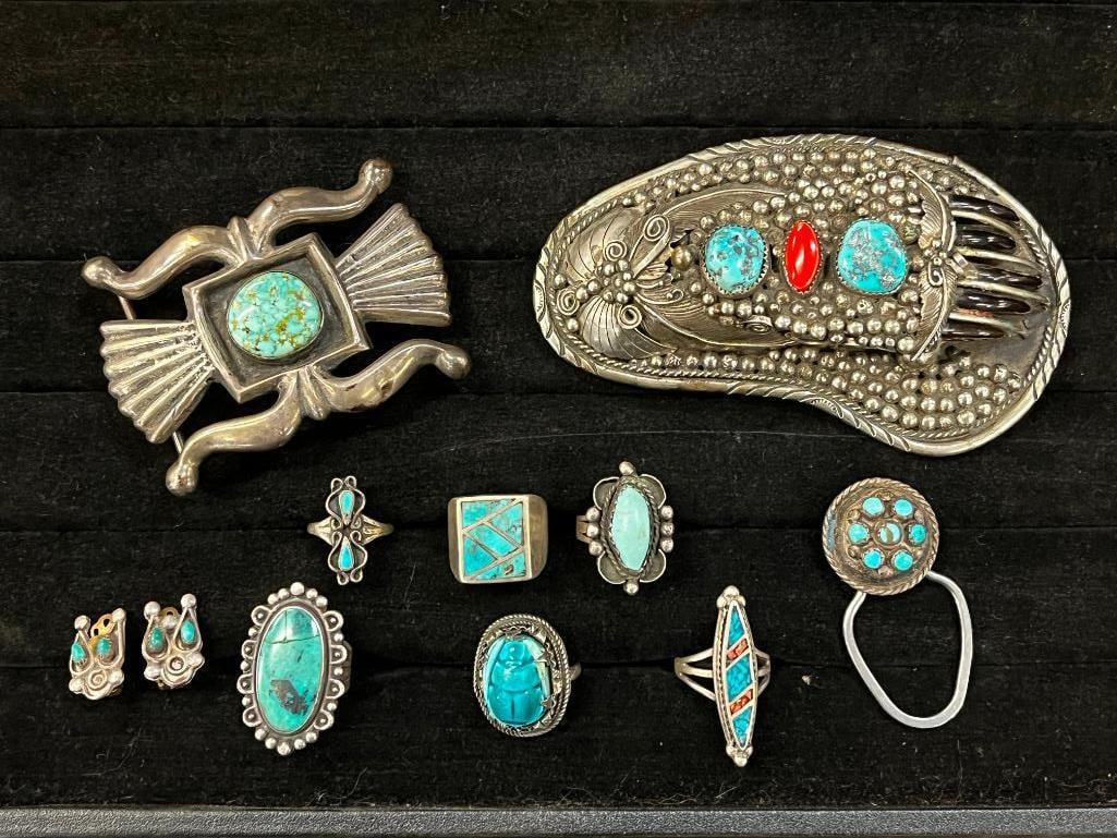 Sterling Silver & Turquoise Belt Buckles, rings etc: Sterling Silver & Turquoise Belt Buckles, rings and earrings. 10 pieces.