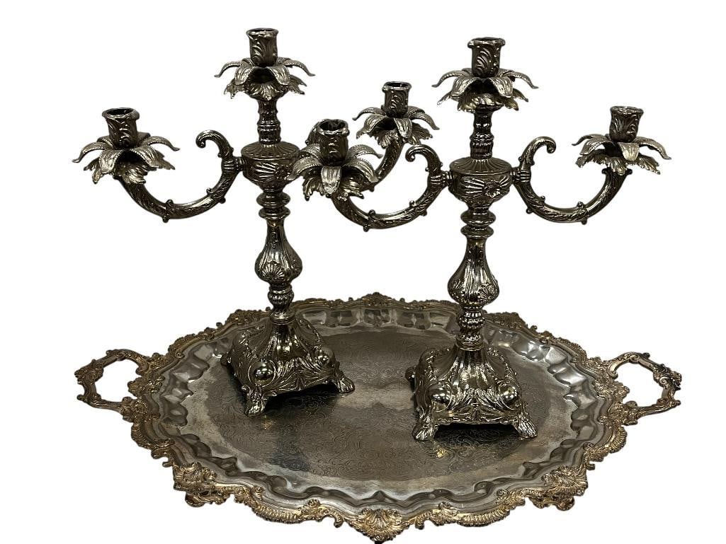 Silver plate Candelabras and Tray: Silver plate Candelabras and Tray. 3 pieces. Candelabra approx. 18 x 16 inches.