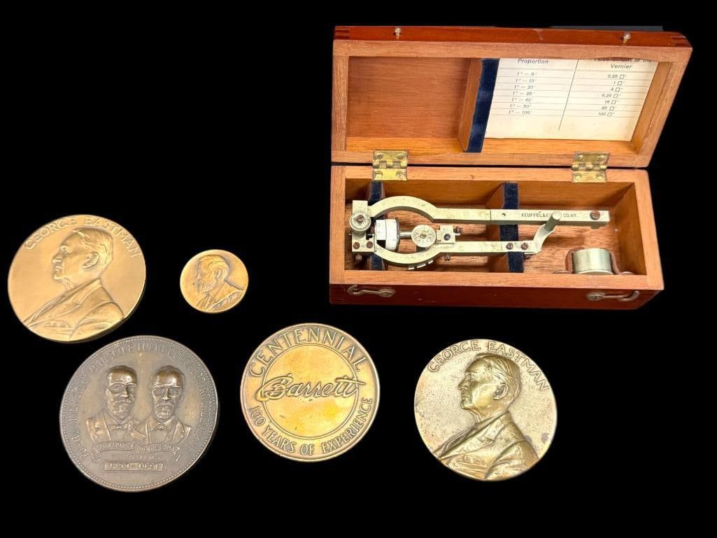 Keuffel Esser Co Polar Planimeter and Bronze Medals: Keuffel Esser Co Polar Planimeter and Bronze Medals from Kodak, Barrett, Bausch & Lomb and Larkin 50th Anniversary. 6 pieces.