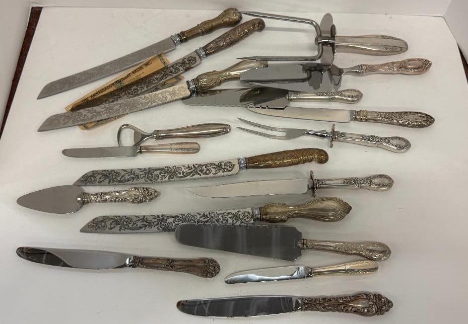 Sterling Silver Serving Forks, Knives etc: Sterling Silver Serving Forks, Knives etc. Handles are counted as 1/2 oz each. Approx. 9 oz. 18 pieces.