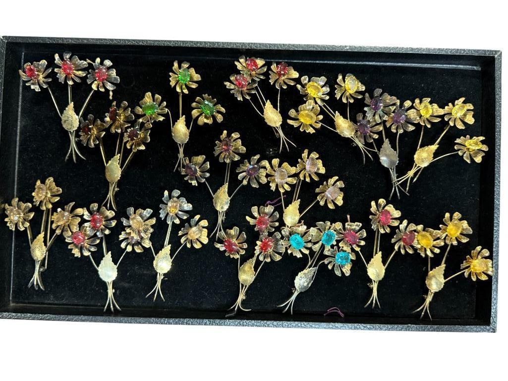 Sterling Silver Flower Pins with Stones: Sterling Silver Flower Pins with Stones. Approx. 16 pieces.
