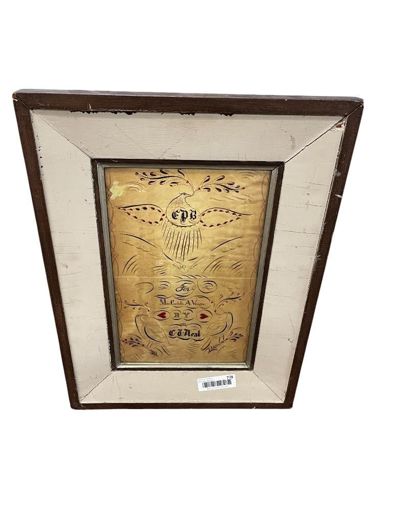 Gift Drawing with Stylized Birds: Gift Drawing - Fraktur - with Stylized Birds. Approx. 8.5 x 13.5 inches. Frame approx. 15.5 x 20.5.