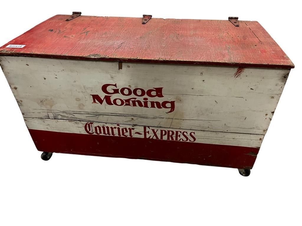Courier Express Newspaper Box: Courier Express Newspaper Box. Approx. 22.5 x 40 x 21 inches.