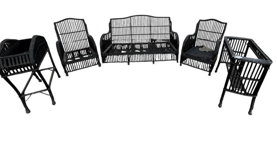 Black Wicker Furniture: Black Wicker Furniture. 5 pieces. Including sofa, 2 chairs, plant stand and table.
