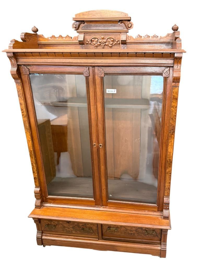 Carved Victorian Walnut Bookcase: Carved Victorian Walnut Bookcase. Approx. 74 x 45 x 18 inches.