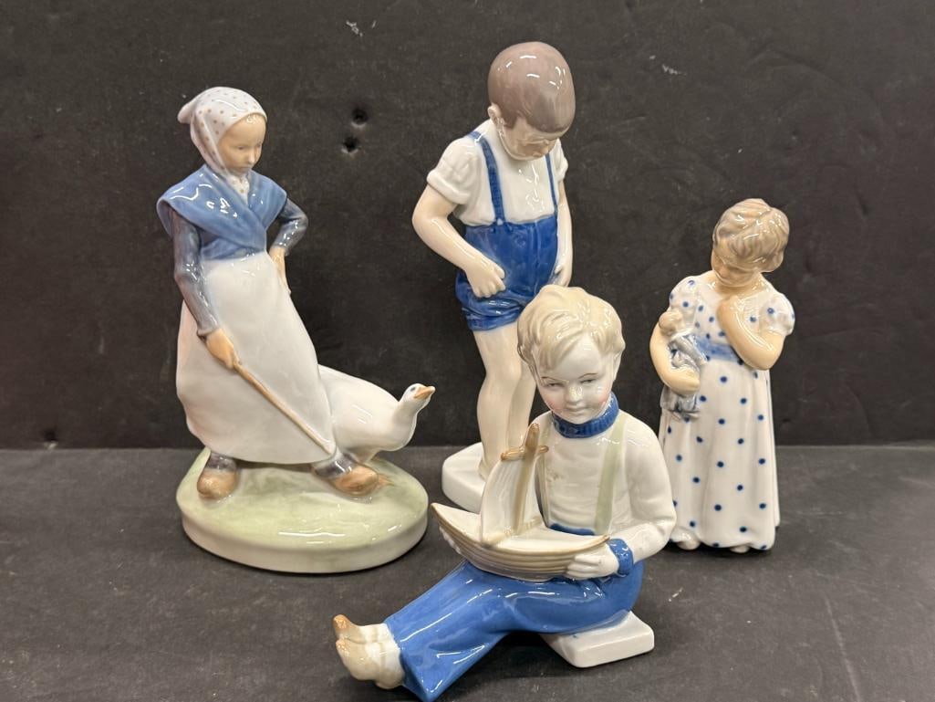 Royal Copenhagen and Bing & Grondahl Figurines: Royal Copenhagen and Bing & Grondahl Figurines and more. 4 pieces. Woman with goose, boy with boat etc.
