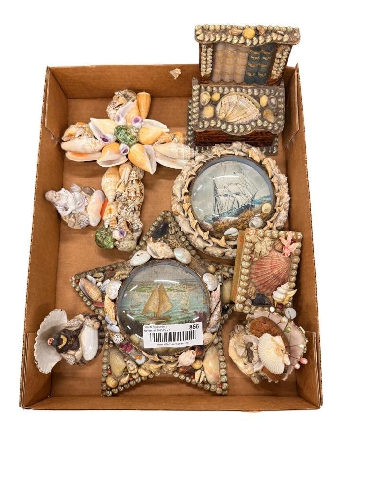 Seashell Dresser Boxes, Cross, Pin Cushion etc: Seashell Dresser Boxes, Cross, Pin Cushion etc. 8 pieces.