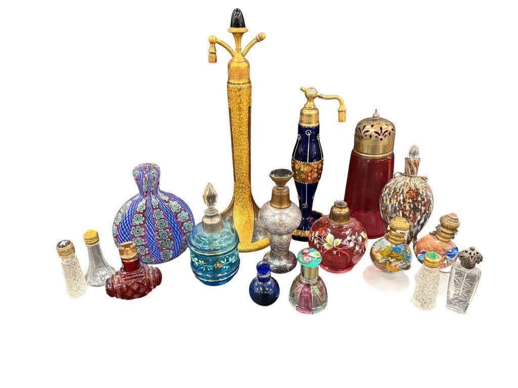 Art Glass Perfume Bottle: Art Glass Perfume Bottle, some hand painted. Approx. 17 pieces. Largest approx. 10 inches tall.