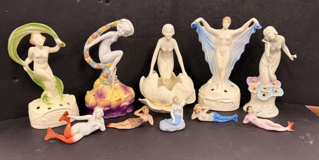 Art Deco Mermaid Flower Frogs and figurines: Art Deco Mermaid Flower Frogs and figurines. 10 pieces. Tallest approx. 7 inches.