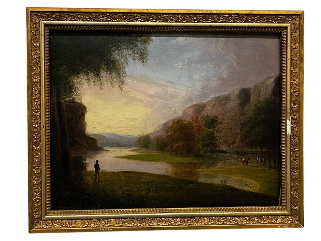 Hudson River School oil on board: Hudson River School Landscape oil on board. Approx. 11.5 x 14.5 inches. Frame approx. 14 x 17 inches.