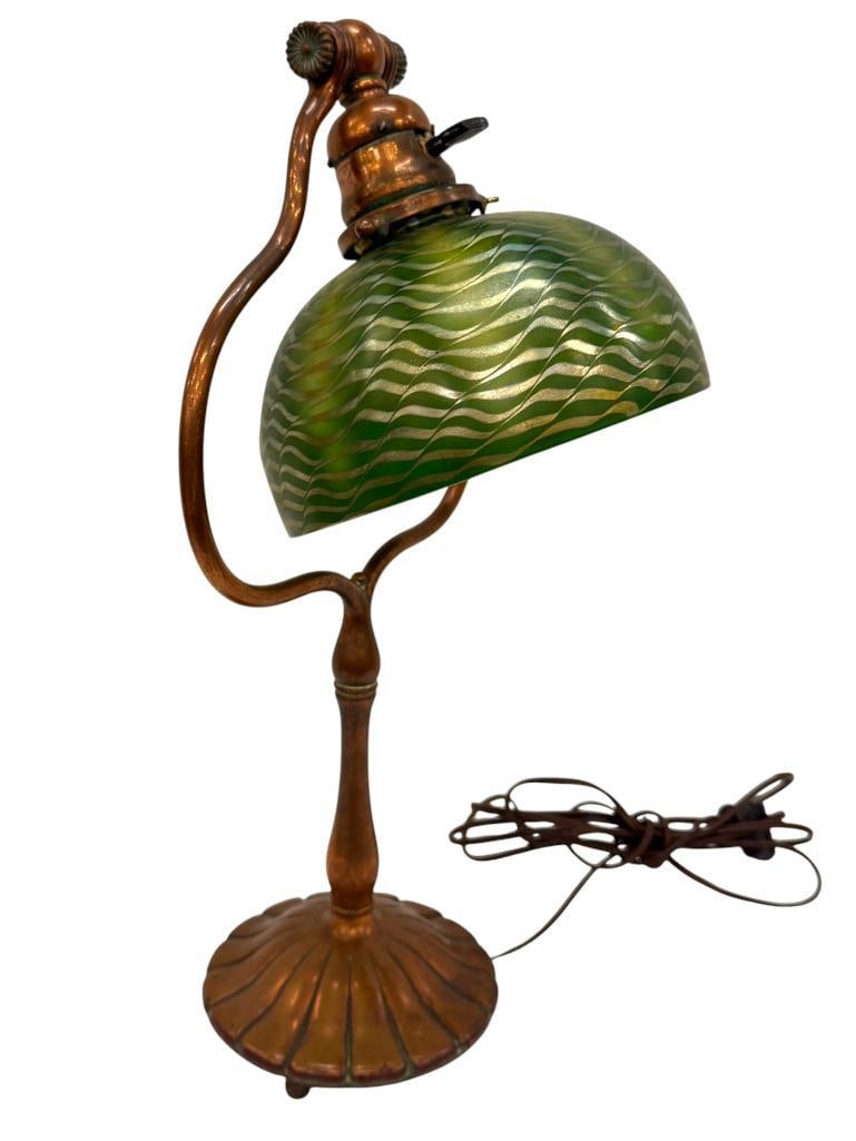 Tiffany Studios Harp Lamp: Tiffany Studios Harp Lamp with L.C.T. signed shade. Lamp marked on base. Lamp approx. 18 inches tall. Shade approx. 4 x 7 x 7 inches.