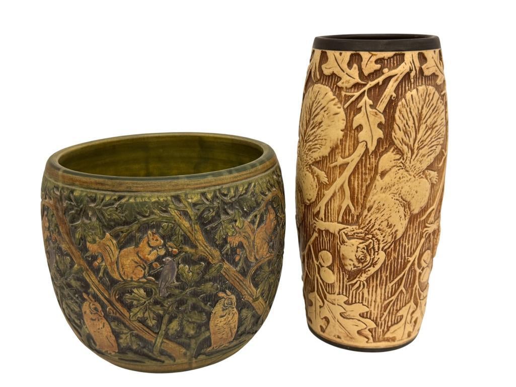 Weller Knifewood Art Pottery Vases: Weller Knifewood Art Pottery Vases. 2 pieces. Tallest approx. 11.5 inches.