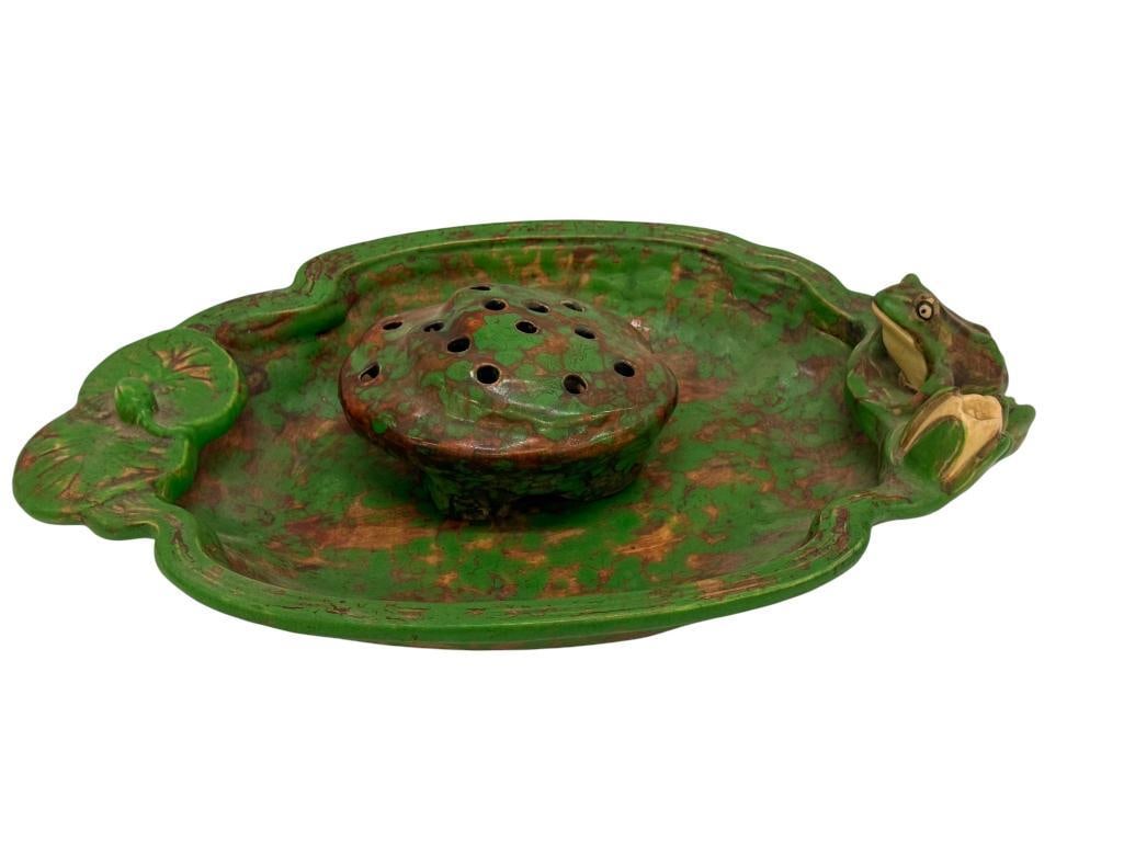 Weller Pottery Coppertone Frog and Lily Bowl: Weller Pottery Coppertone Frog and Lily Bowl. Approx. 10.5 x 16 inches.