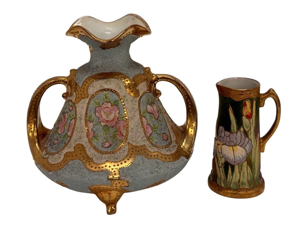 Nippon Vase and Pitcher: Nippon Hand Painted Vase and small Pitcher. 2 pieces.
