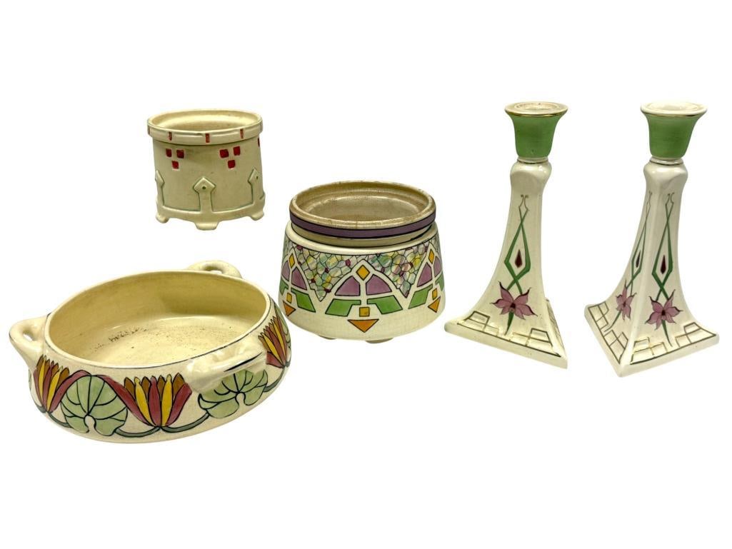 Roseville Pottery Candlesticks, Planters and more: Roseville Pottery Candlesticks, Planters, Persian Ceramic Handled bowl and more. 5 pieces.