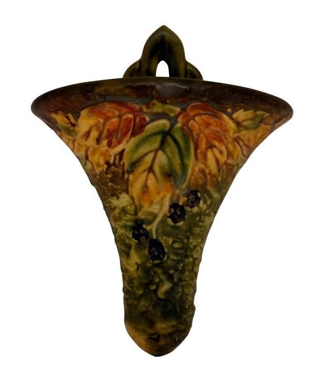 Roseville Pottery Blackberry Wall Pocket: Roseville Pottery Blackberry Wall Pocket. Approx. 6.5 x 8 inches.