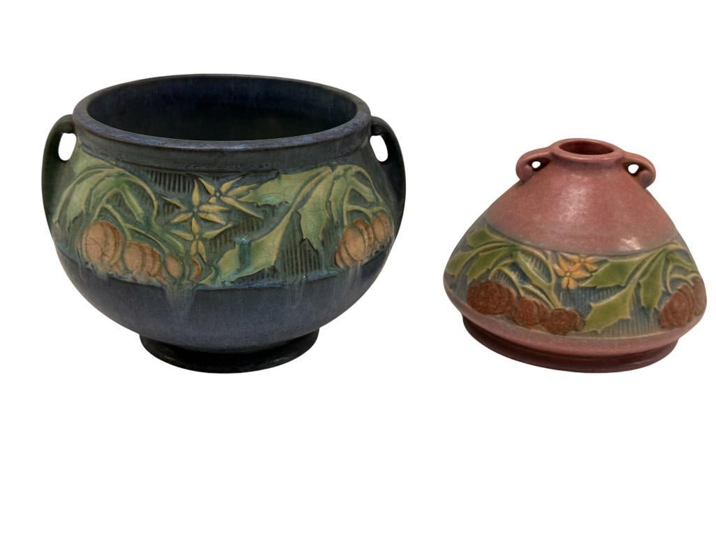 Roseville Pottery Baneda Vases: Roseville Pottery Baneda Vases. 2 pieces. Blue approx. 5 x 7.5 x 7.5 inches.