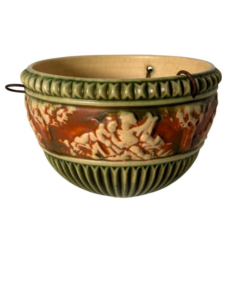 Roseville Pottery Donatello Hanging Basket: Roseville Pottery Donatello Hanging Basket. Approx. 4.5 x 5.5 x 5.5 inches.