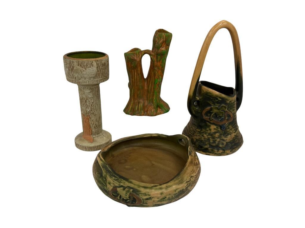 4 Art Pottery Vases: 4 Art Pottery Vases including Roseville Sylvan and Imperial, and Weller. Sylvan approx. 9.5 inches tall.