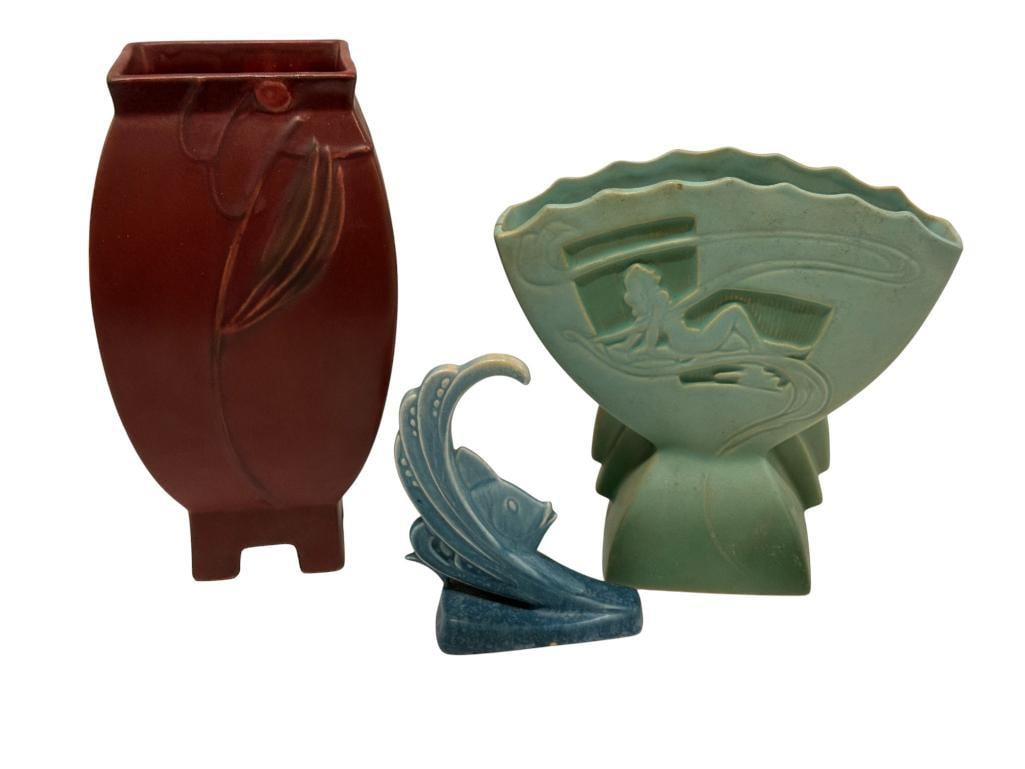 Roseville Rozane Fish Ornament and more: Roseville Rozane Fish Ornament, Roseville silhouette fan vase and Roseville Futura Footed Chinese Pillow vase. 3 pieces.