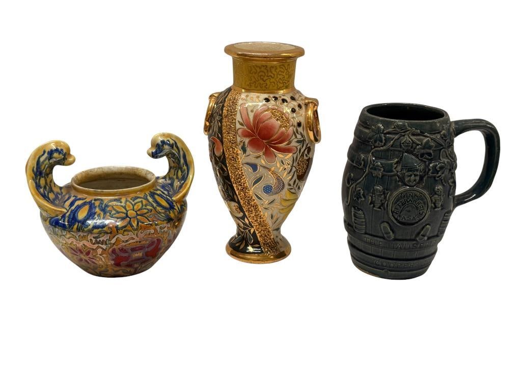 Rookwood Mug, William Dell Vase etc: Rookwood Pottery Mug, William Dell Vase and C.M. 1888 lustre. 3 pieces. Mug approx. 7.5 inches tall.