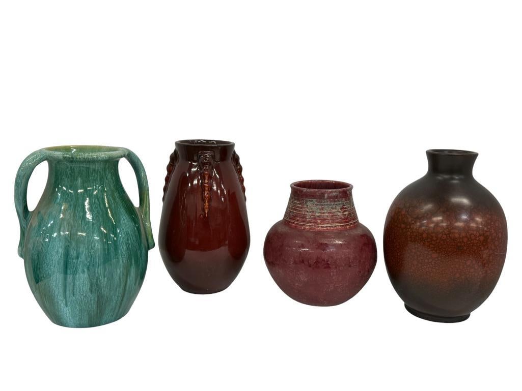 4 Art Pottery Vases: 4 Art Pottery Vases including Roseville Imperial II and Topeo Red Claw, Weller Nile vase. Weller approx. 9 inches tall.