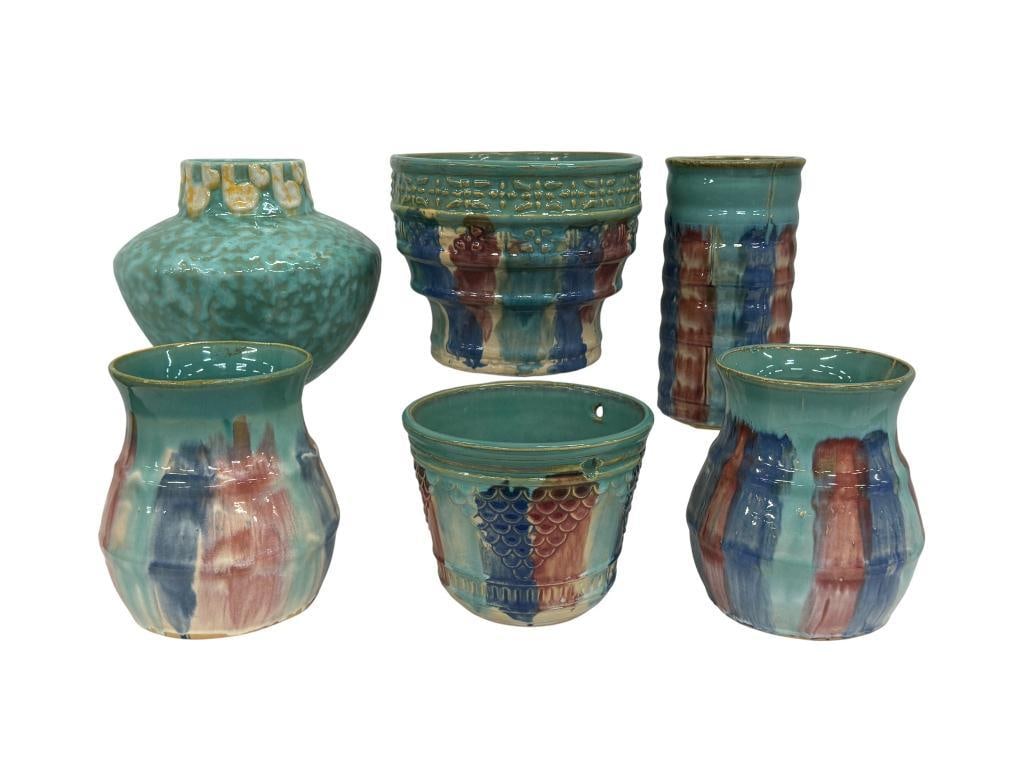 6 Art Pottery Vases: 6 Art Pottery Vases including Hull Drip Glaze.