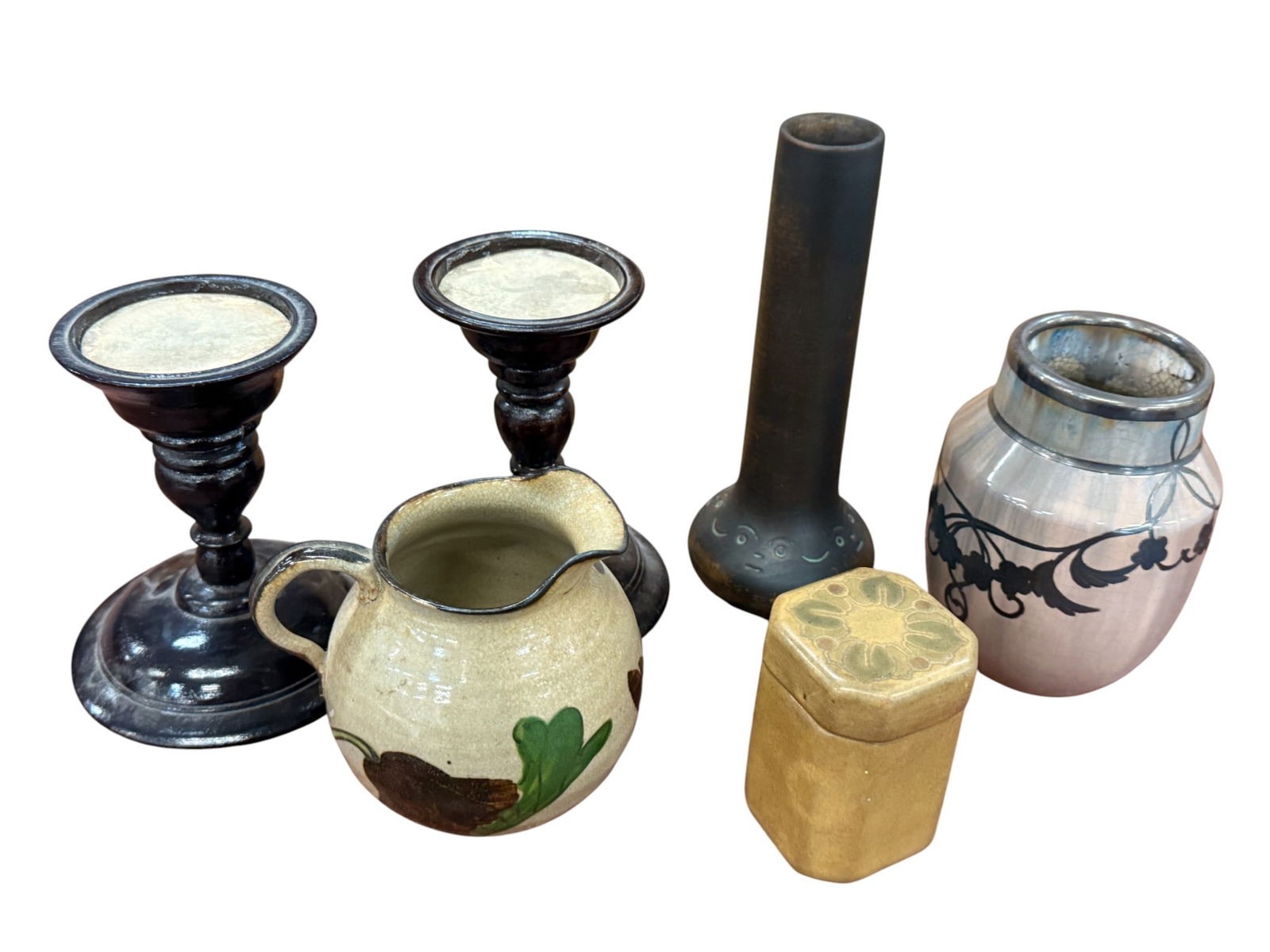 Fulper and Norse Vases, Match Holder etc: Fulper Silver Overlay vase. Norse Vase, Match Holder, pottery pitcher and candle holders. 6 pieces.