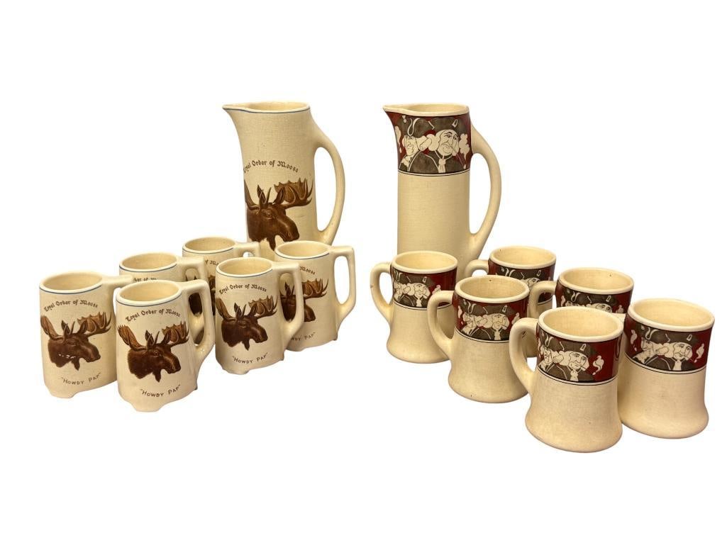 Roseville Creamware Moose and Quaker: Roseville Creamware Royal Order of Moose and Quaker Tankards & mugs. Approx. 14 pieces. Tankards approx. 12 inches tall.