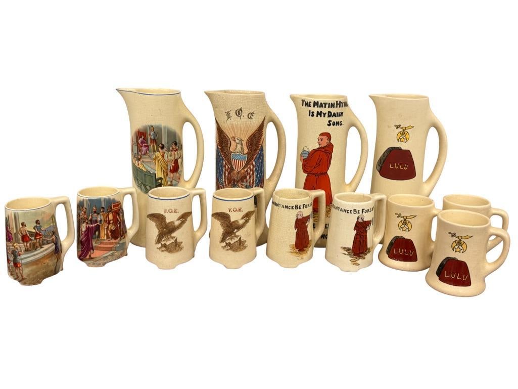 Roseville Pottery Mugs & Tankards: Roseville Pottery Mugs & Tankards including Friendship, Shriners, Monk's and Fraternal Order of Eagles. 13 pieces. Tankards approx. 12 inches tall.