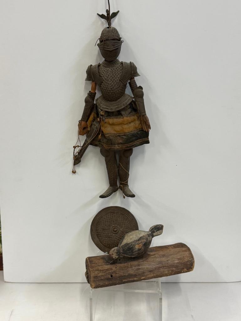 Knight Marionette and Folk Art Woodpecker: Knight Marionette and Wooden Folk Art Woodpecker. Marionette approx. 16 inches tall.
