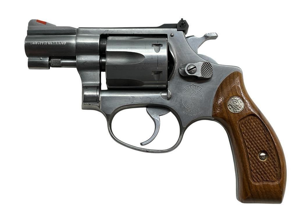 Smith & Wesson Model 63 22LR Revolver: Smith & Wesson Model 63 22LR Revolver. Serial # BAD7585. Stainless steel finish. Barrel approx. 2 inches.
