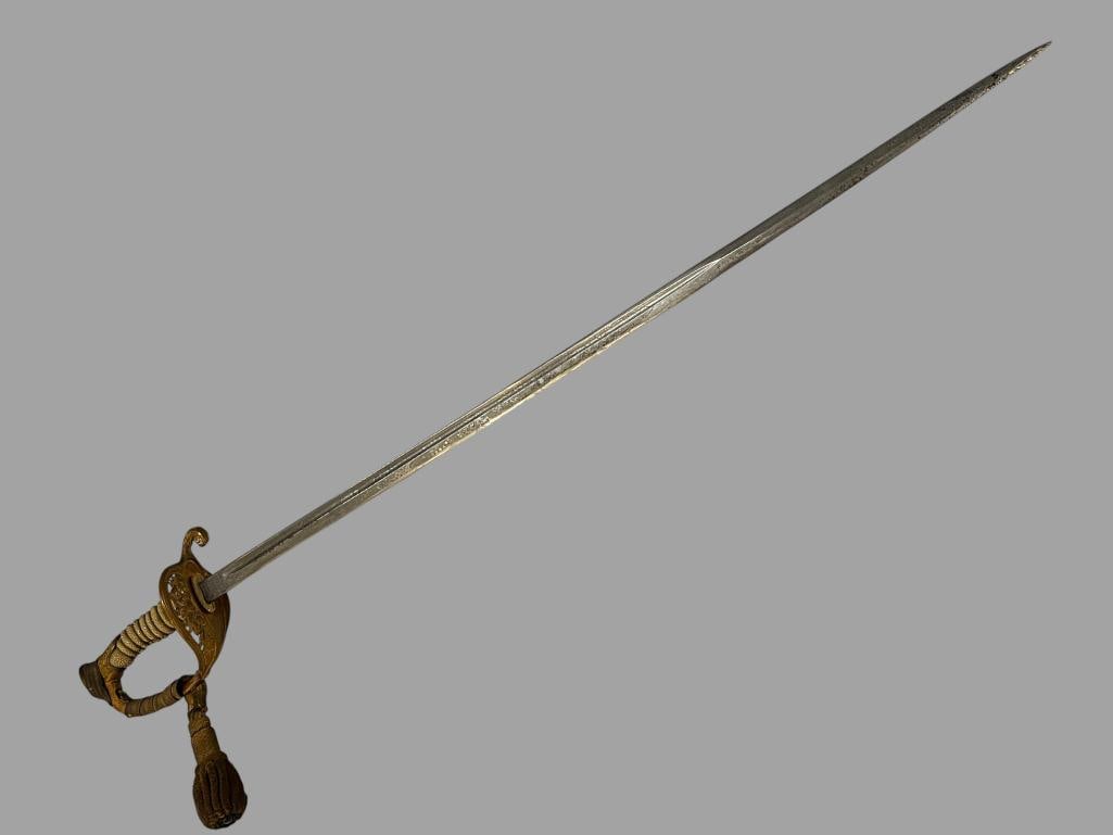 Civil War U.S. Naval Sword: Civil War era Bent & Bush Co. Boston Naval Presentation Sword. Marked S.D. Rose on the blade. Very finely etched. Approx. 37 inches.