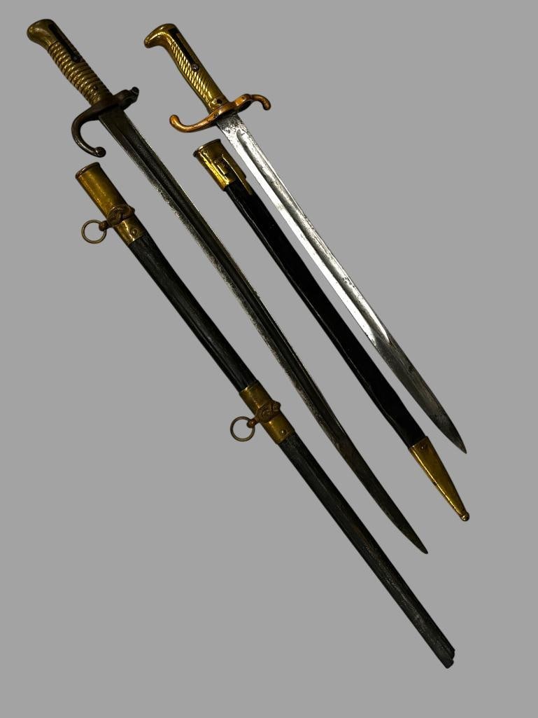French and German Bayonets: French Chassepot Bayonet and German Mauser Model 1871 Bayonet. 2 pieces. French approx. 27 inches.